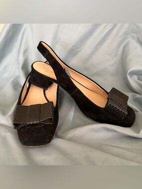 Kate Spade Sierra Heels Black Suede Slingback Heels with Bow Accent retail$198